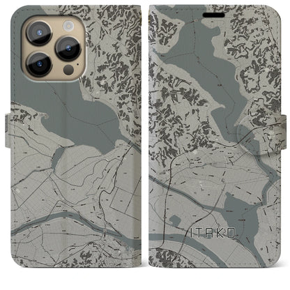 【潮来（茨城県）】地図柄iPhoneケース（手帳タイプ）モノトーン・iPhone 14 Pro Max 用