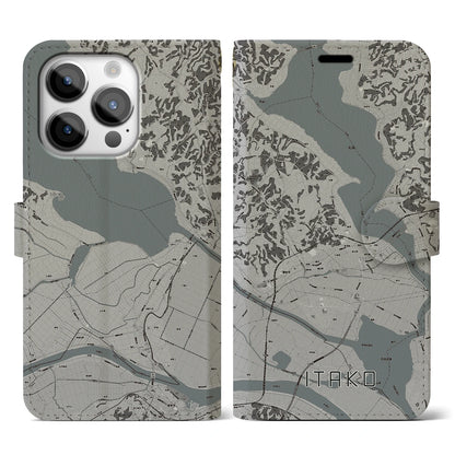 【潮来（茨城県）】地図柄iPhoneケース（手帳タイプ）モノトーン・iPhone 14 Pro 用