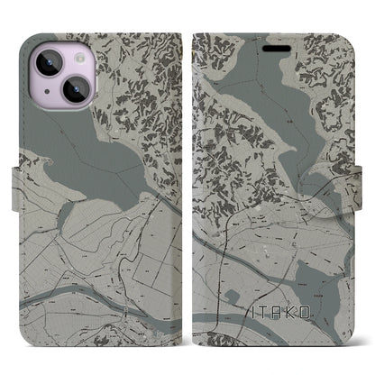 【潮来（茨城県）】地図柄iPhoneケース（手帳タイプ）モノトーン・iPhone 14 用