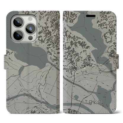 【潮来（茨城県）】地図柄iPhoneケース（手帳タイプ）モノトーン・iPhone 15 Pro 用