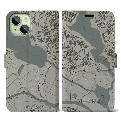 【潮来（茨城県）】地図柄iPhoneケース（手帳タイプ）モノトーン・iPhone 15 用