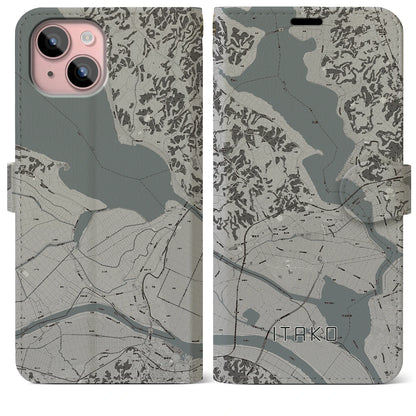【潮来（茨城県）】地図柄iPhoneケース（手帳タイプ）モノトーン・iPhone 15 Plus 用