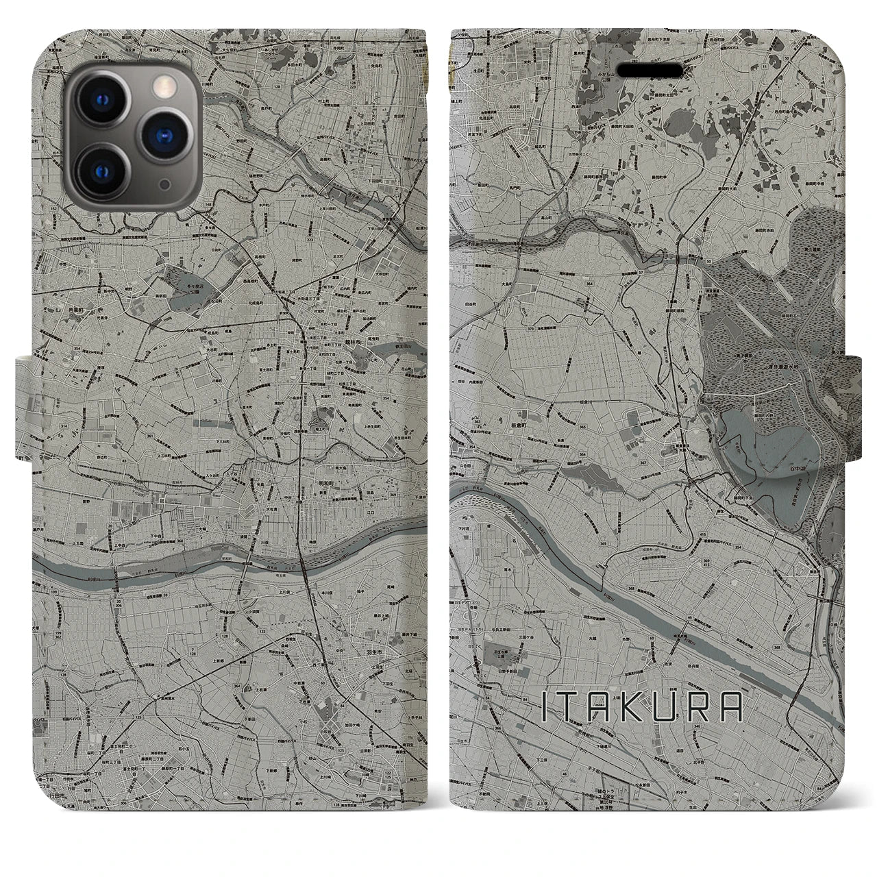 【板倉】地図柄iPhoneケース（手帳両面タイプ・モノトーン）iPhone 11 Pro Max 用