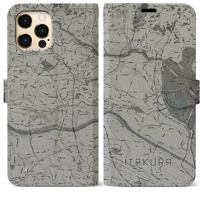 【板倉（群馬県）】地図柄iPhoneケース（手帳タイプ）モノトーン・iPhone 12 Pro Max 用