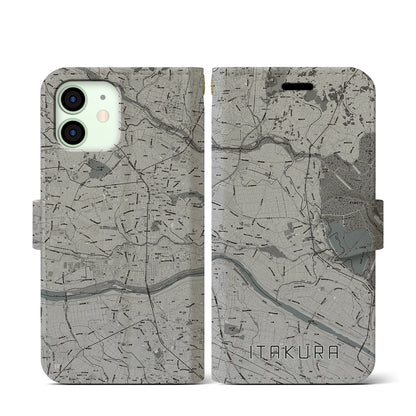 【板倉（群馬県）】地図柄iPhoneケース（手帳タイプ）モノトーン・iPhone 12 mini 用