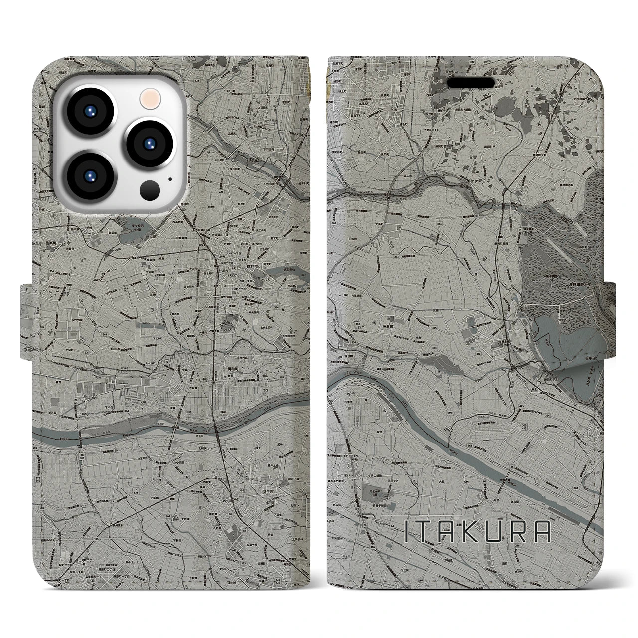【板倉】地図柄iPhoneケース（手帳両面タイプ・モノトーン）iPhone 13 Pro 用