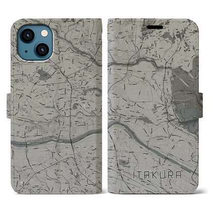 【板倉（群馬県）】地図柄iPhoneケース（手帳タイプ）モノトーン・iPhone 13 用