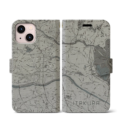 【板倉（群馬県）】地図柄iPhoneケース（手帳タイプ）モノトーン・iPhone 13 mini 用