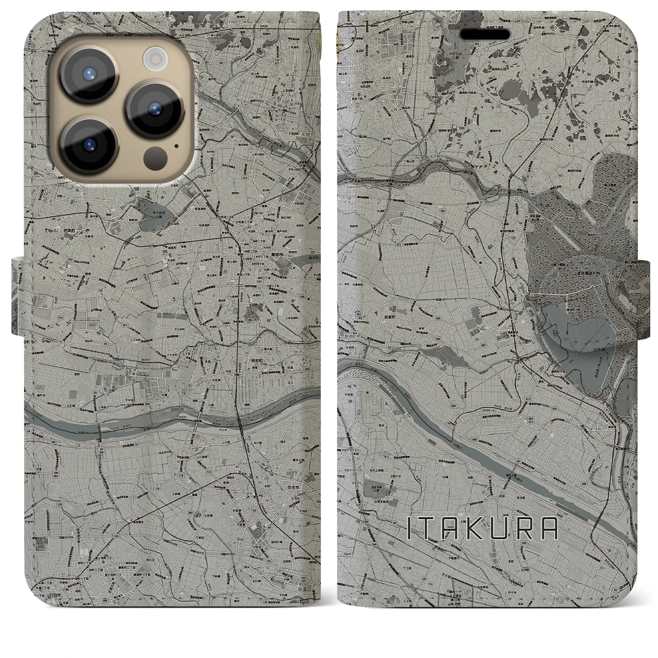 【板倉】地図柄iPhoneケース（手帳両面タイプ・モノトーン）iPhone 14 Pro Max 用