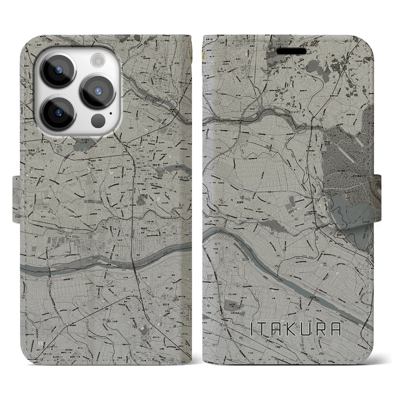 【板倉】地図柄iPhoneケース（手帳両面タイプ・モノトーン）iPhone 14 Pro 用