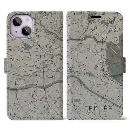 【板倉（群馬県）】地図柄iPhoneケース（手帳タイプ）モノトーン・iPhone 14 用