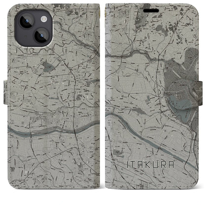 【板倉（群馬県）】地図柄iPhoneケース（手帳タイプ）モノトーン・iPhone 14 Plus 用