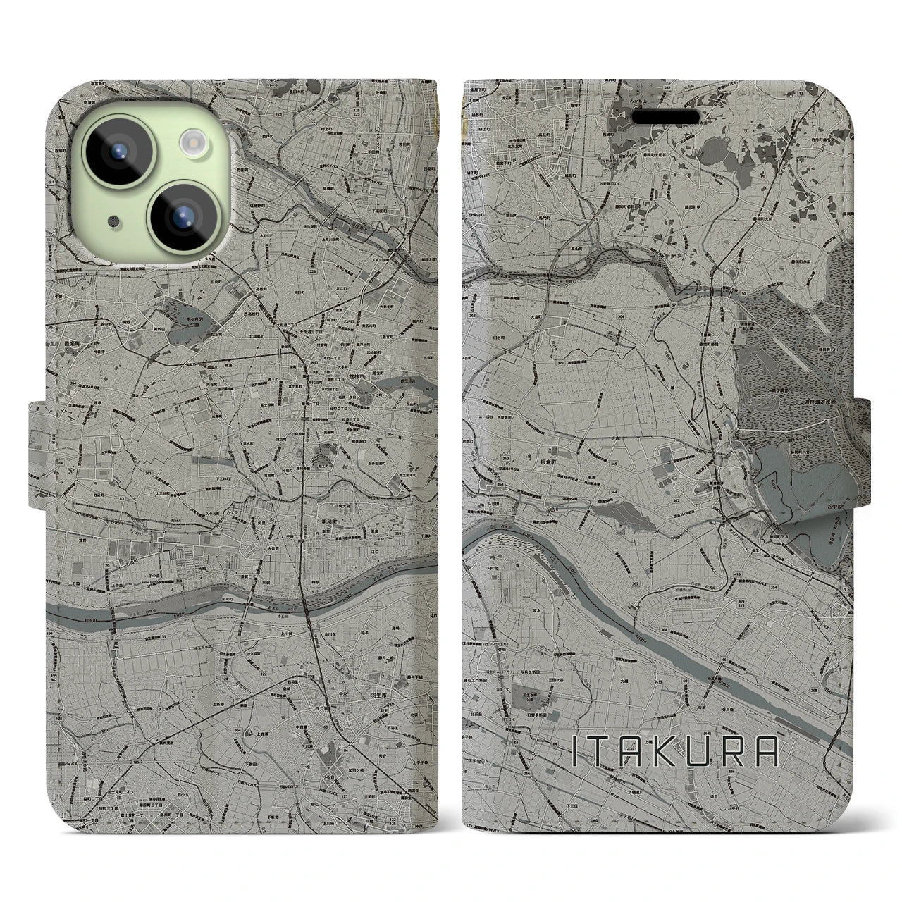 【板倉】地図柄iPhoneケース（手帳両面タイプ・モノトーン）iPhone 15 用
