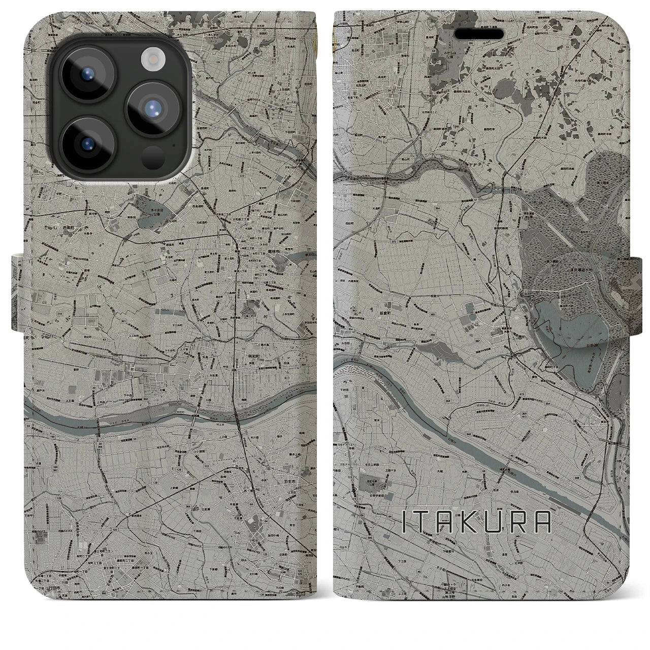 【板倉】地図柄iPhoneケース（手帳両面タイプ・モノトーン）iPhone 15 Pro Max 用