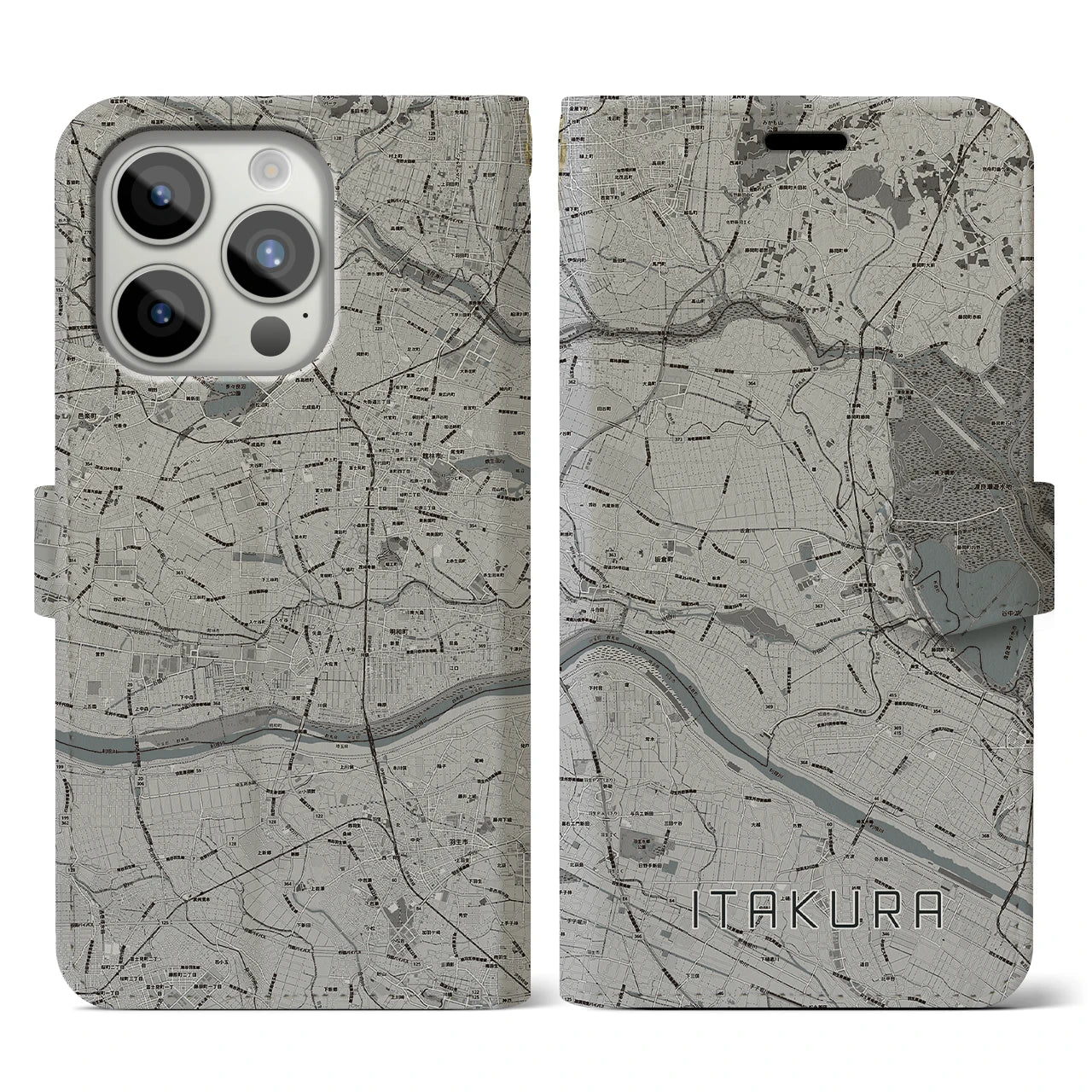 【板倉】地図柄iPhoneケース（手帳両面タイプ・モノトーン）iPhone 15 Pro 用