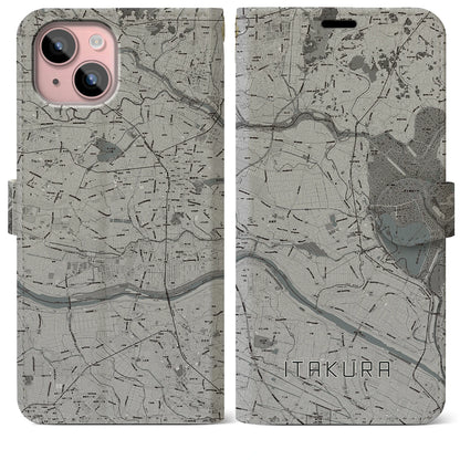 【板倉（群馬県）】地図柄iPhoneケース（手帳タイプ）モノトーン・iPhone 15 Plus 用