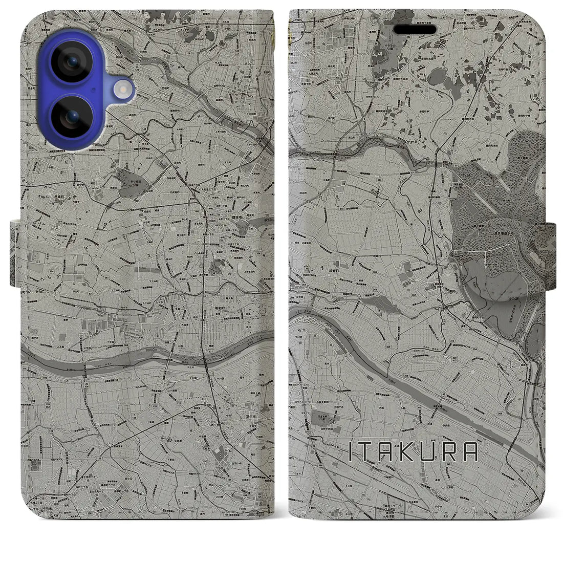 【板倉(群馬県)】地図柄iPhoneケース(手帳タイプ)モノトーン・iPhone 16 Pro Max 用