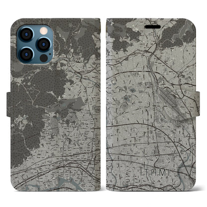 【伊丹（兵庫県）】地図柄iPhoneケース（手帳タイプ）モノトーン・iPhone 12 / 12 Pro 用