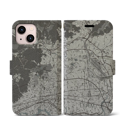 【伊丹（兵庫県）】地図柄iPhoneケース（手帳タイプ）モノトーン・iPhone 13 mini 用