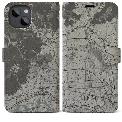 【伊丹（兵庫県）】地図柄iPhoneケース（手帳タイプ）モノトーン・iPhone 14 Plus 用
