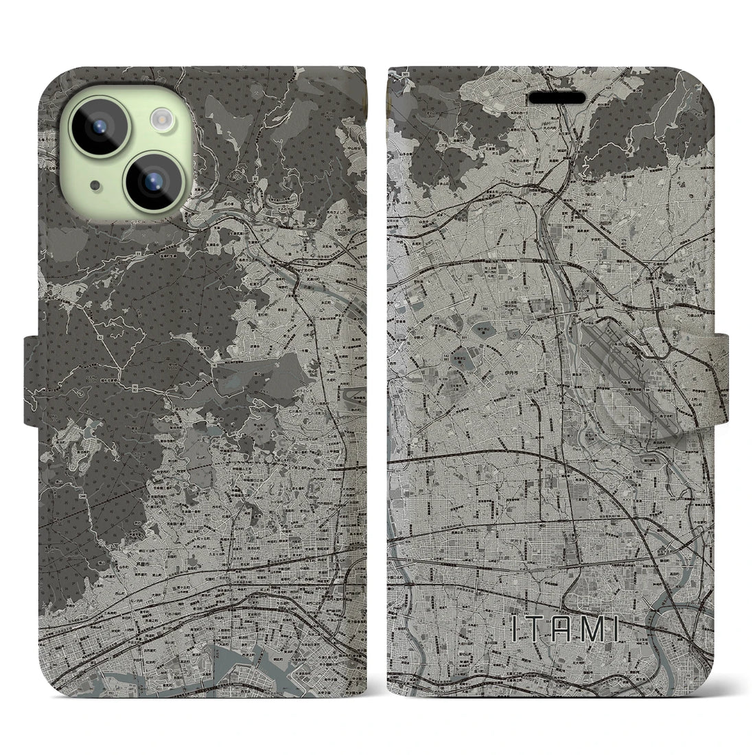 【伊丹(兵庫県)】地図柄iPhoneケース(手帳タイプ)モノトーン・iPhone 15 用