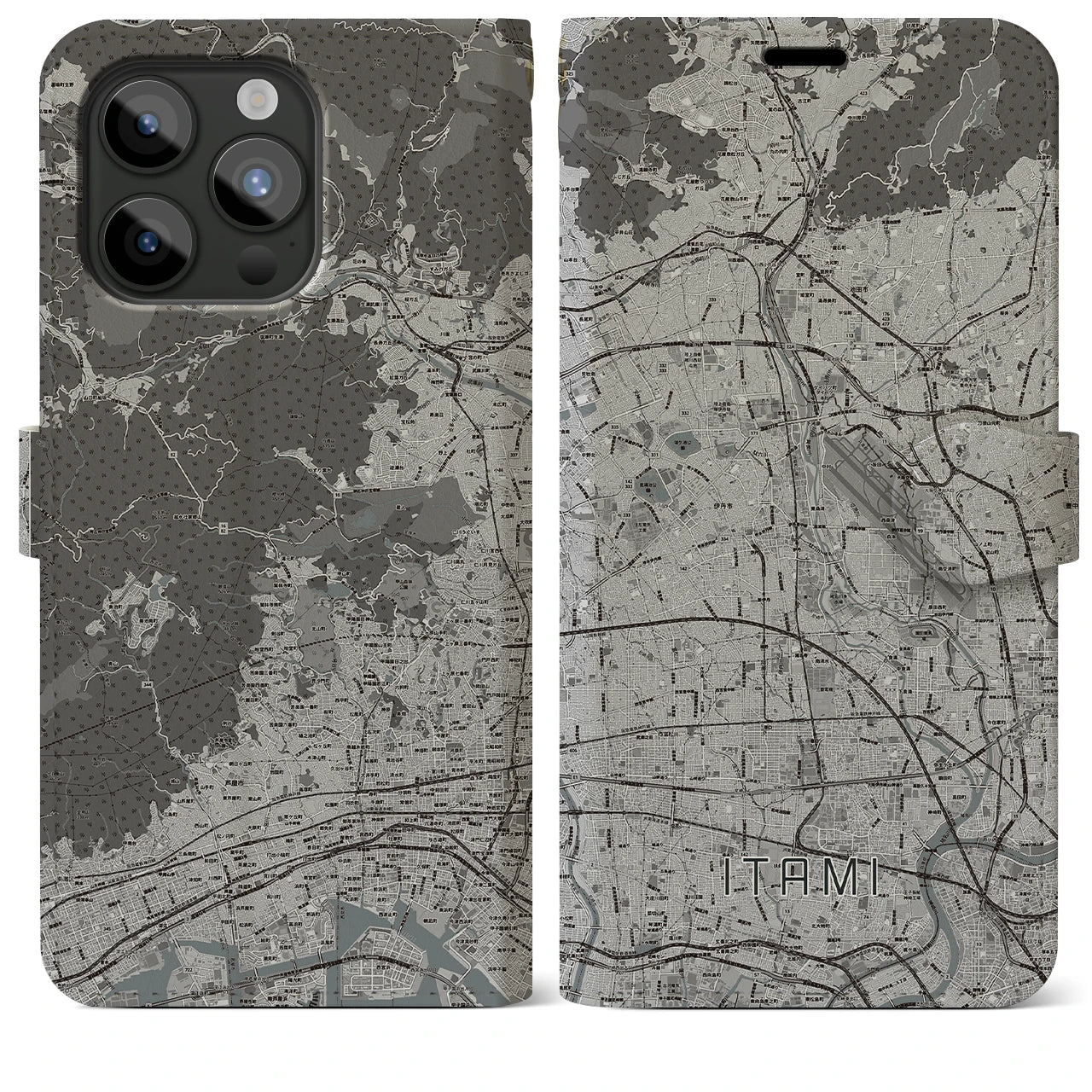 【伊丹（兵庫県）】地図柄iPhoneケース（手帳タイプ）モノトーン・iPhone 15 Pro Max 用