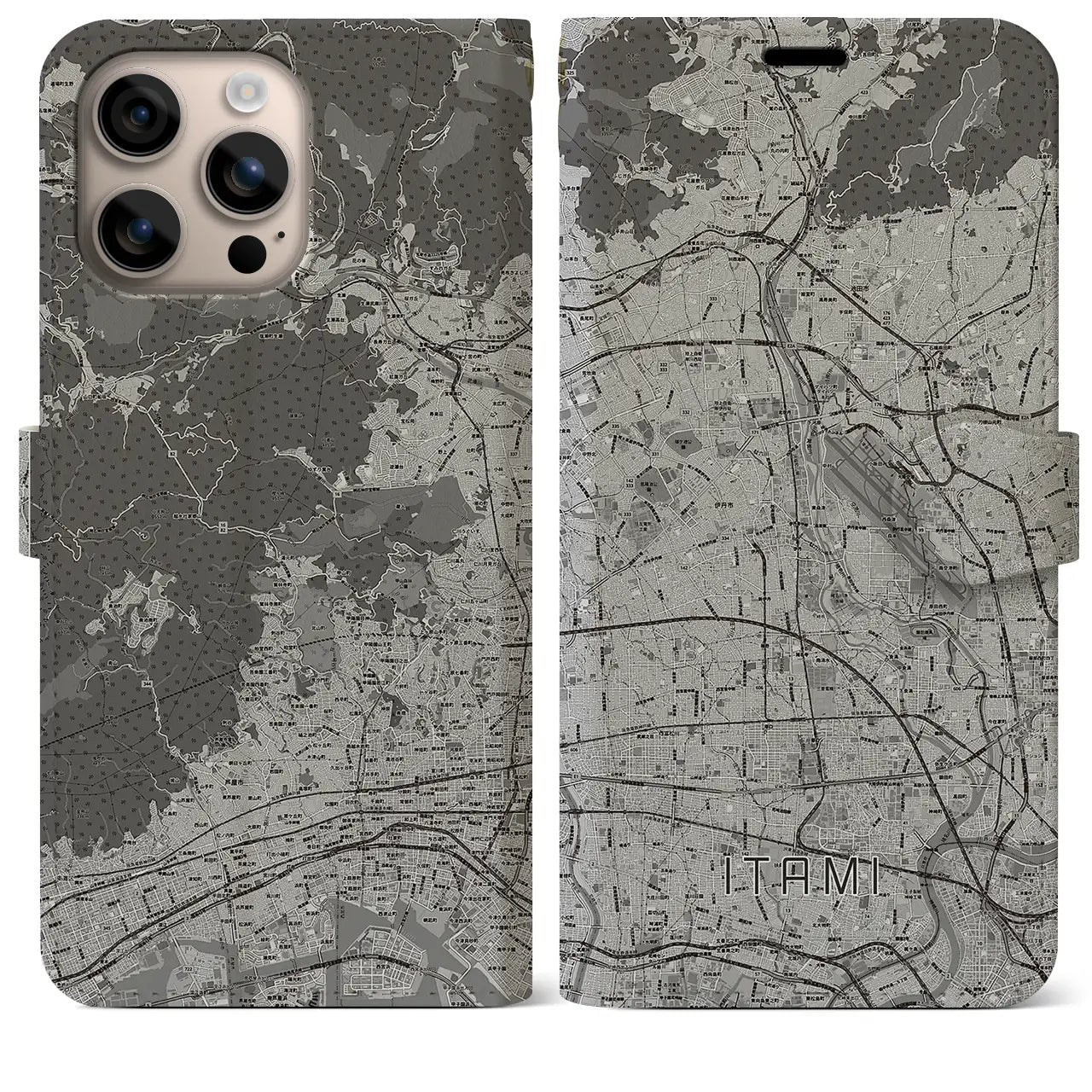 【伊丹（兵庫県）】地図柄iPhoneケース（手帳タイプ）モノトーン・iPhone 16 Plus 用