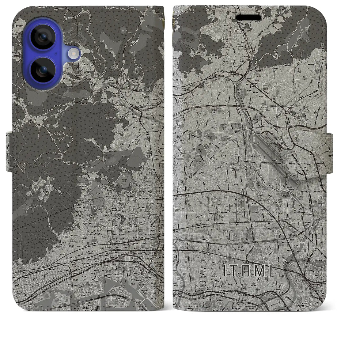【伊丹(兵庫県)】地図柄iPhoneケース(手帳タイプ)モノトーン・iPhone 16 Pro Max 用