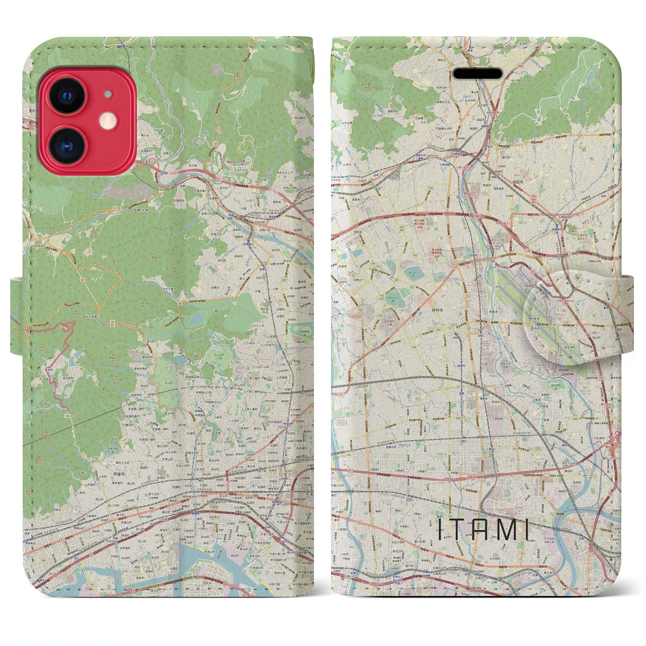 【伊丹（兵庫県）】地図柄iPhoneケース（手帳タイプ）ナチュラル・iPhone 11 用