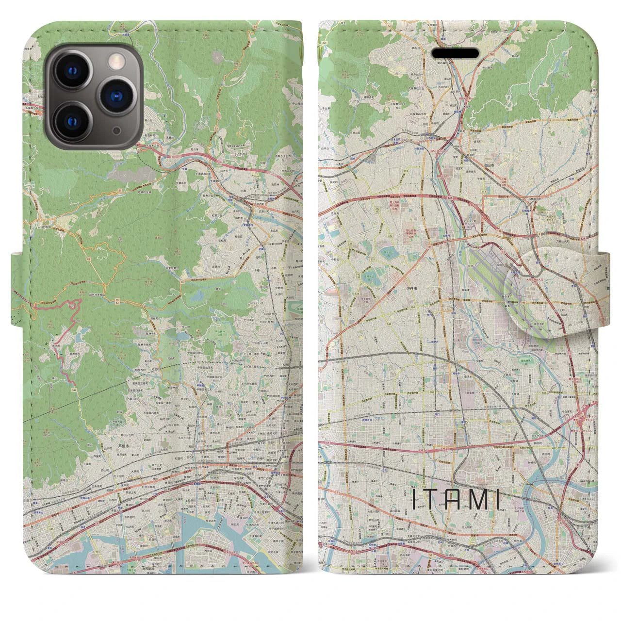 【伊丹（兵庫県）】地図柄iPhoneケース（手帳タイプ）ナチュラル・iPhone 11 Pro Max 用