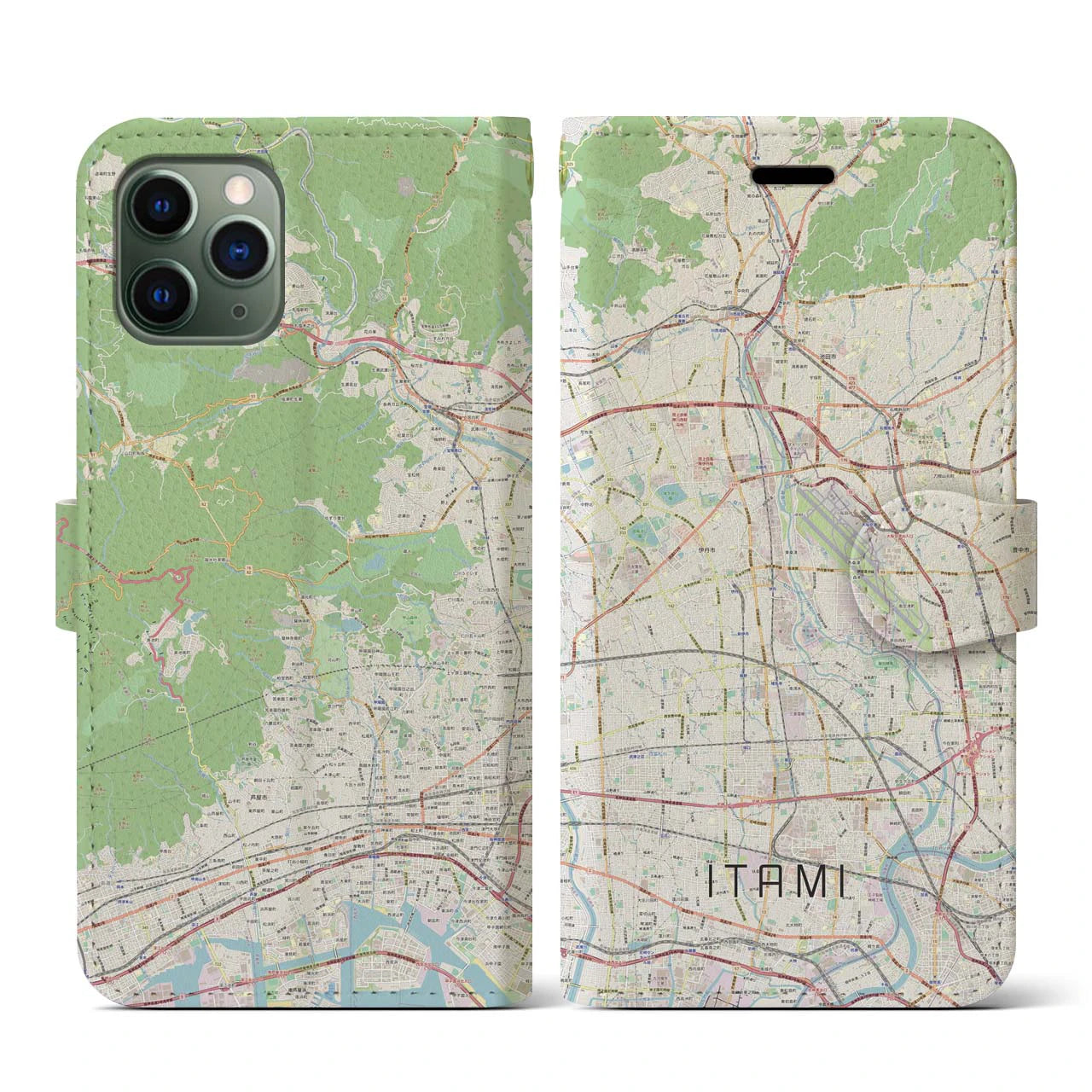 【伊丹（兵庫県）】地図柄iPhoneケース（手帳タイプ）ナチュラル・iPhone 11 Pro 用