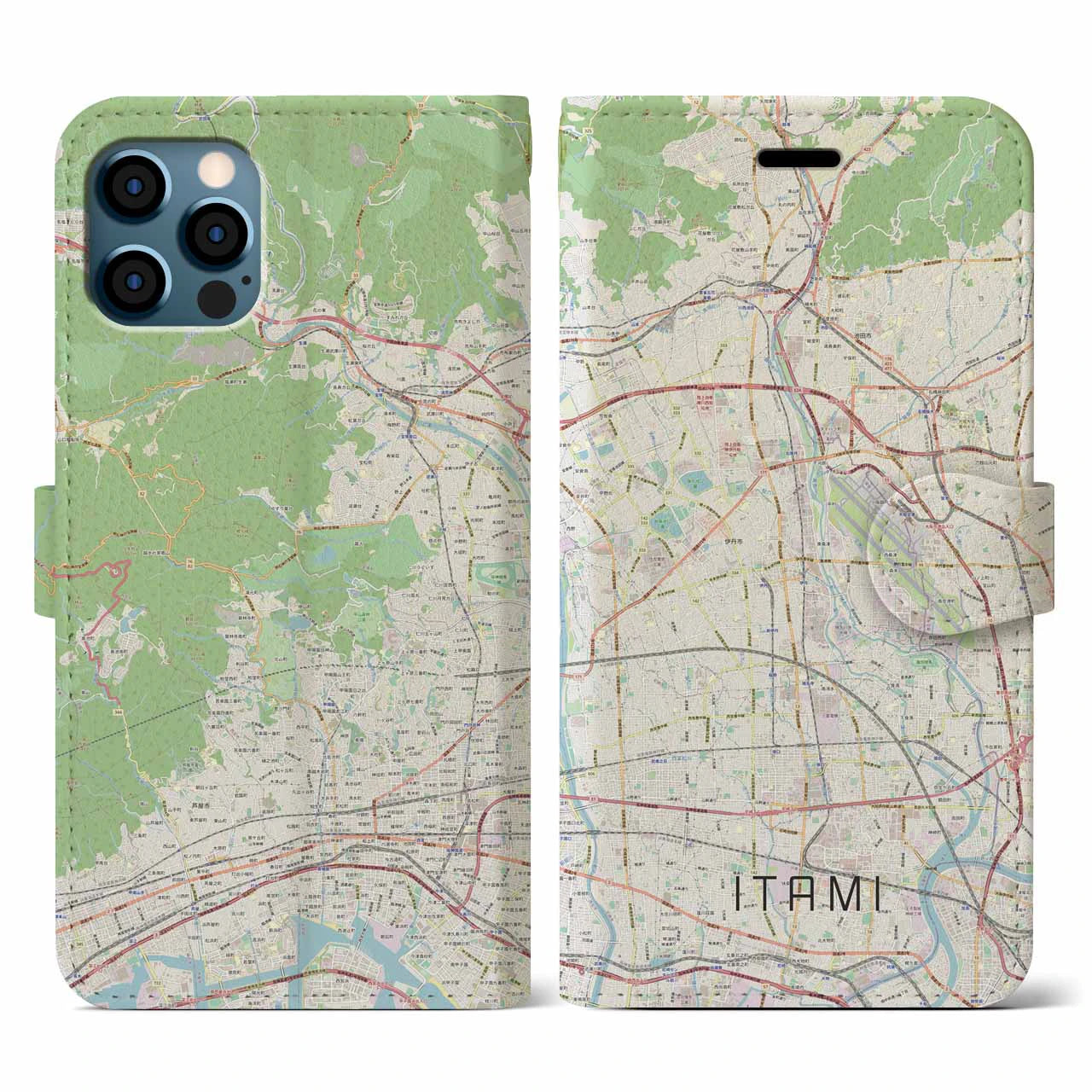 【伊丹（兵庫県）】地図柄iPhoneケース（手帳タイプ）ナチュラル・iPhone 12 / 12 Pro 用