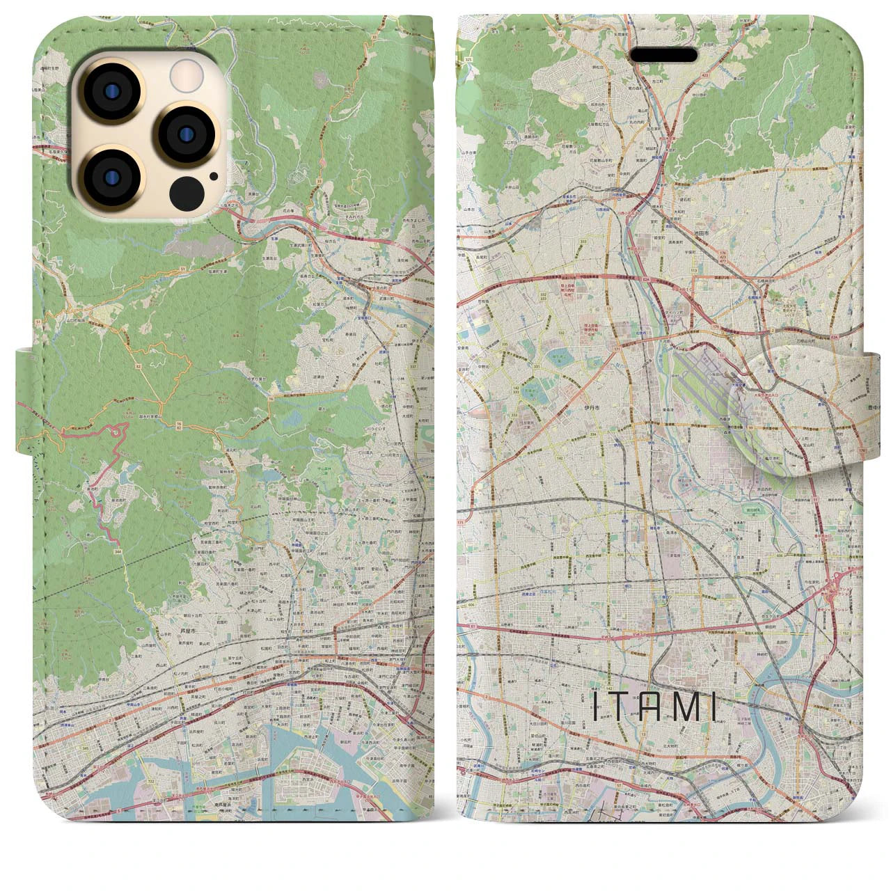 【伊丹（兵庫県）】地図柄iPhoneケース（手帳タイプ）ナチュラル・iPhone 12 Pro Max 用