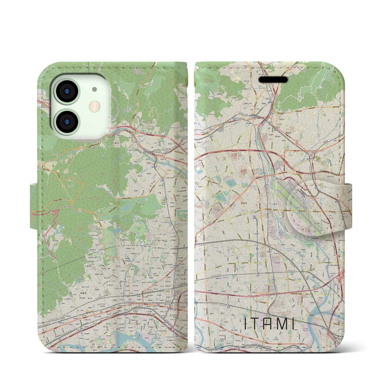 【伊丹（兵庫県）】地図柄iPhoneケース（手帳タイプ）ナチュラル・iPhone 12 mini 用