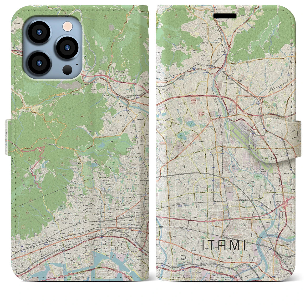 【伊丹（兵庫県）】地図柄iPhoneケース（手帳タイプ）ナチュラル・iPhone 13 Pro Max 用