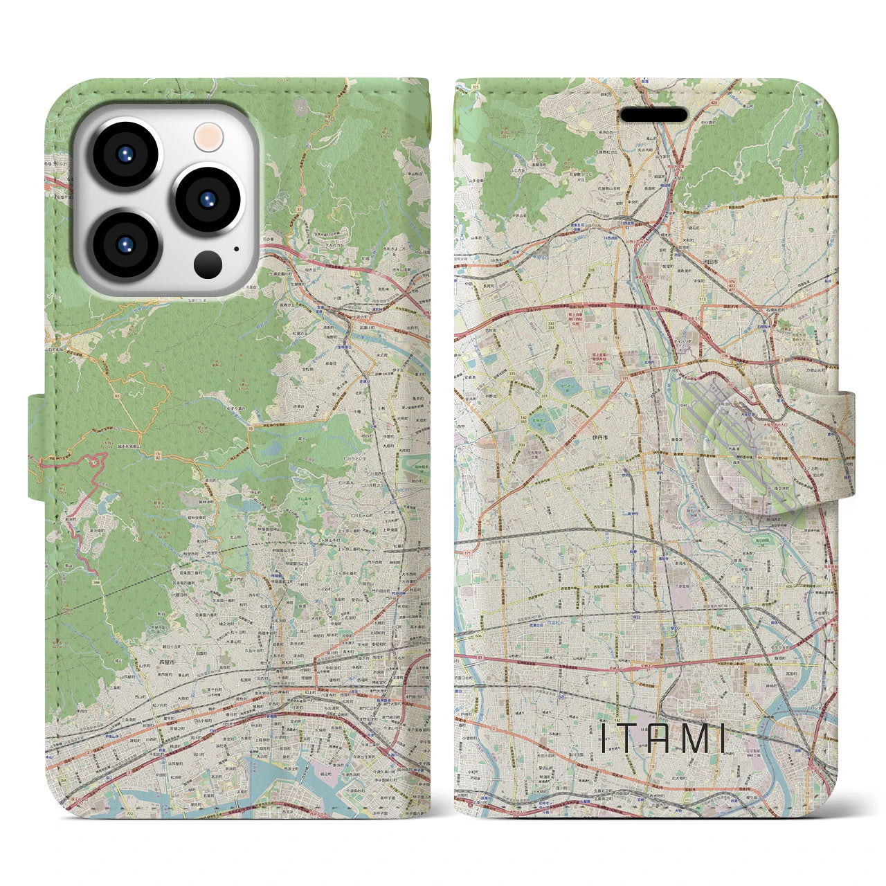 【伊丹（兵庫県）】地図柄iPhoneケース（手帳タイプ）ナチュラル・iPhone 13 Pro 用