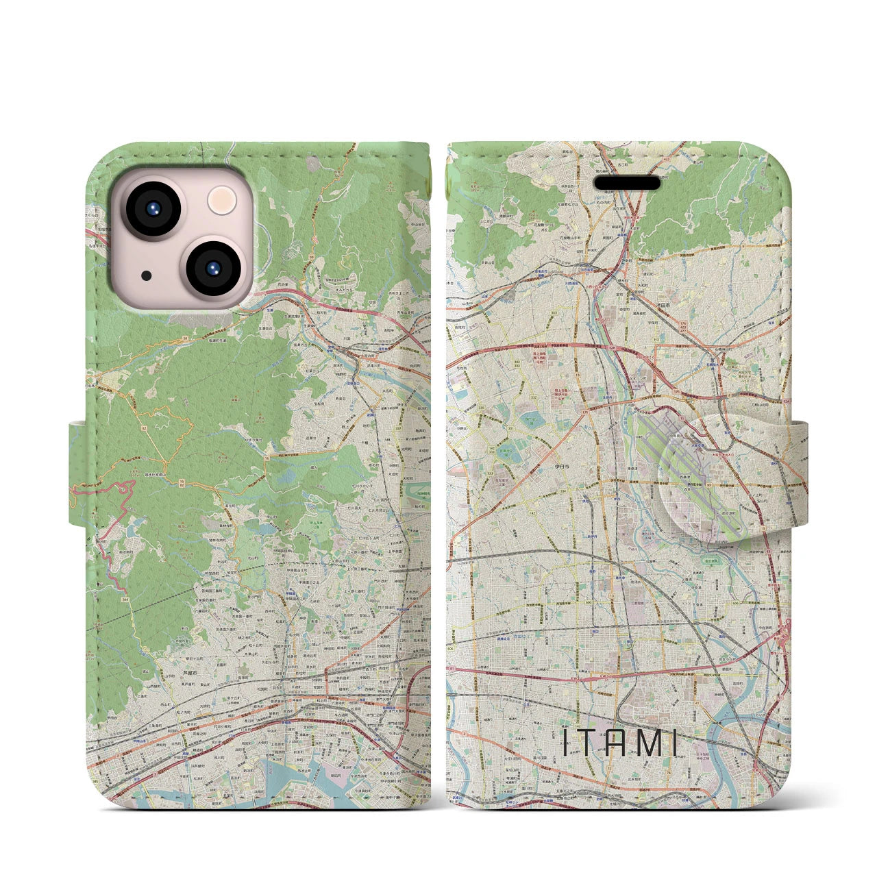 【伊丹（兵庫県）】地図柄iPhoneケース（手帳タイプ）ナチュラル・iPhone 13 mini 用