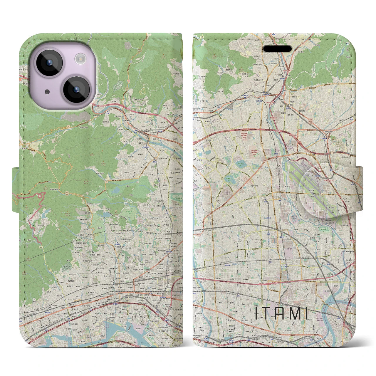 【伊丹（兵庫県）】地図柄iPhoneケース（手帳タイプ）ナチュラル・iPhone 14 用