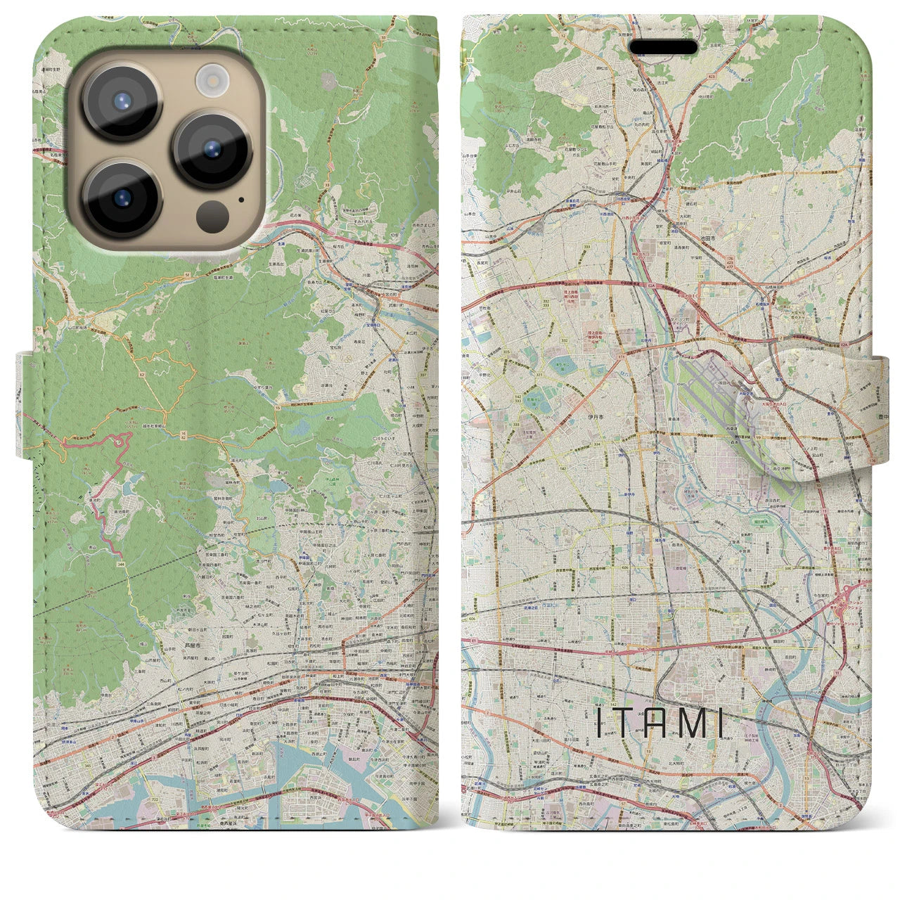 【伊丹（兵庫県）】地図柄iPhoneケース（手帳タイプ）ナチュラル・iPhone 14 Pro Max 用