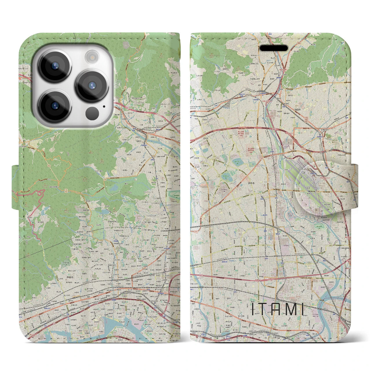 【伊丹（兵庫県）】地図柄iPhoneケース（手帳タイプ）ナチュラル・iPhone 14 Pro 用