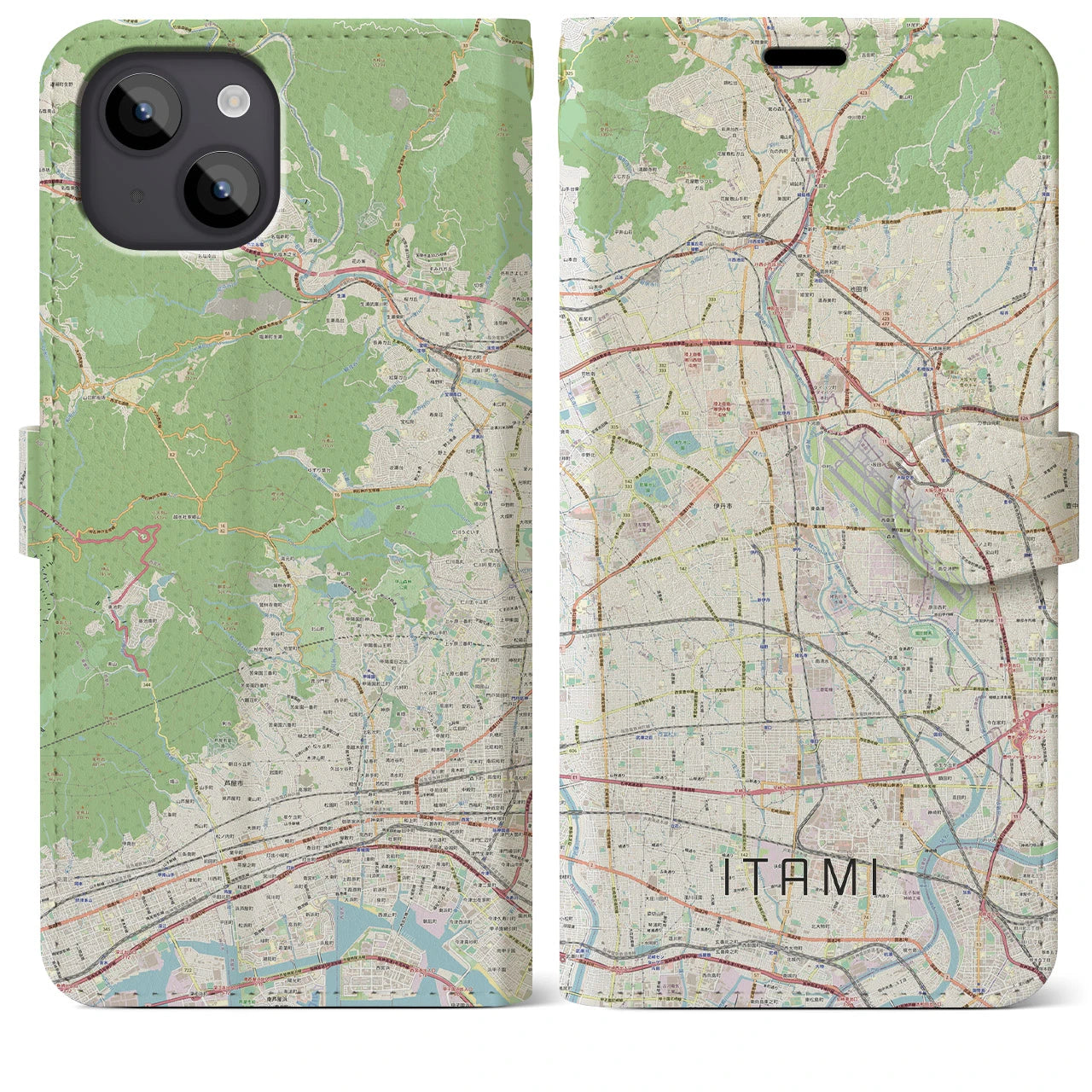 【伊丹（兵庫県）】地図柄iPhoneケース（手帳タイプ）ナチュラル・iPhone 14 Plus 用