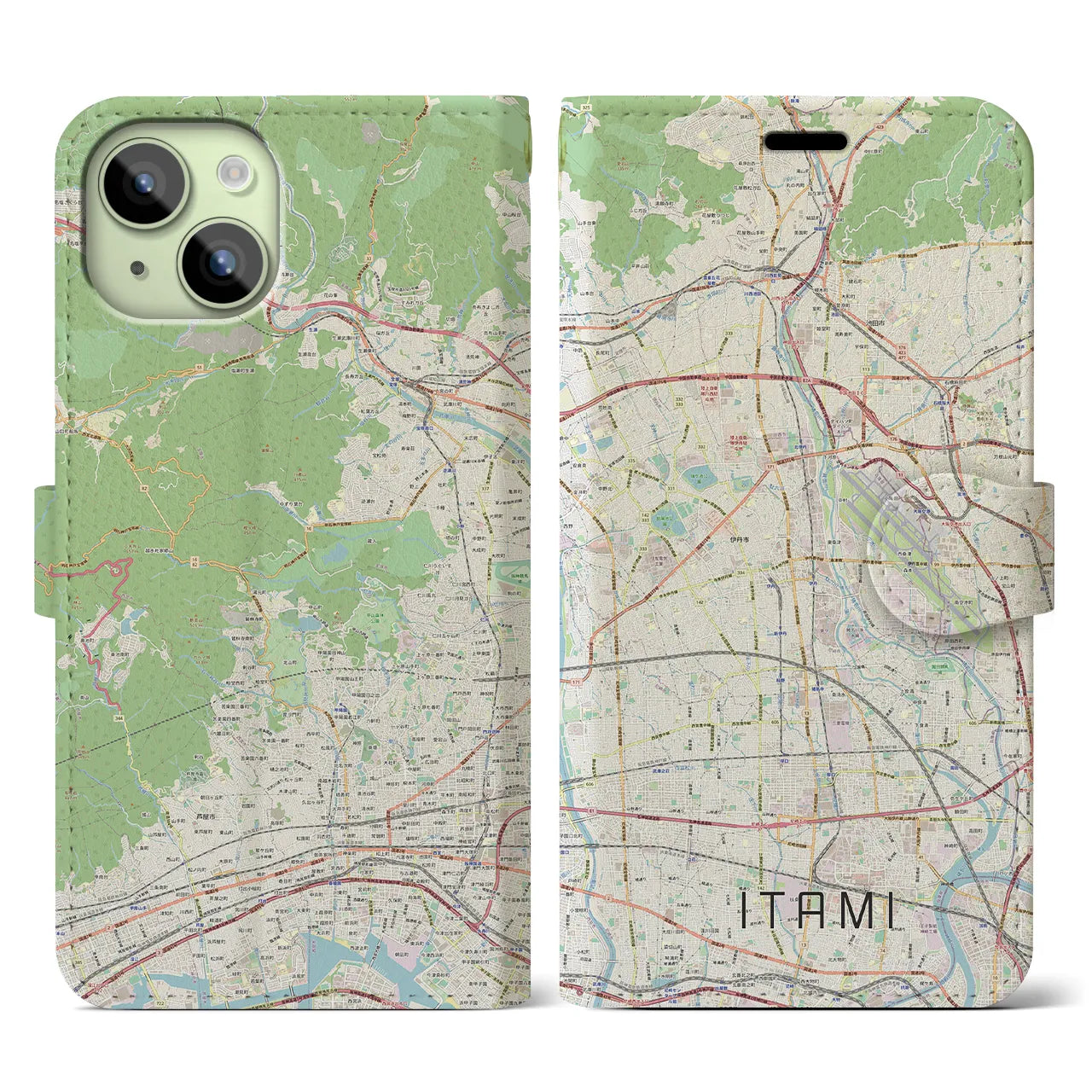 【伊丹（兵庫県）】地図柄iPhoneケース（手帳タイプ）ナチュラル・iPhone 15 用