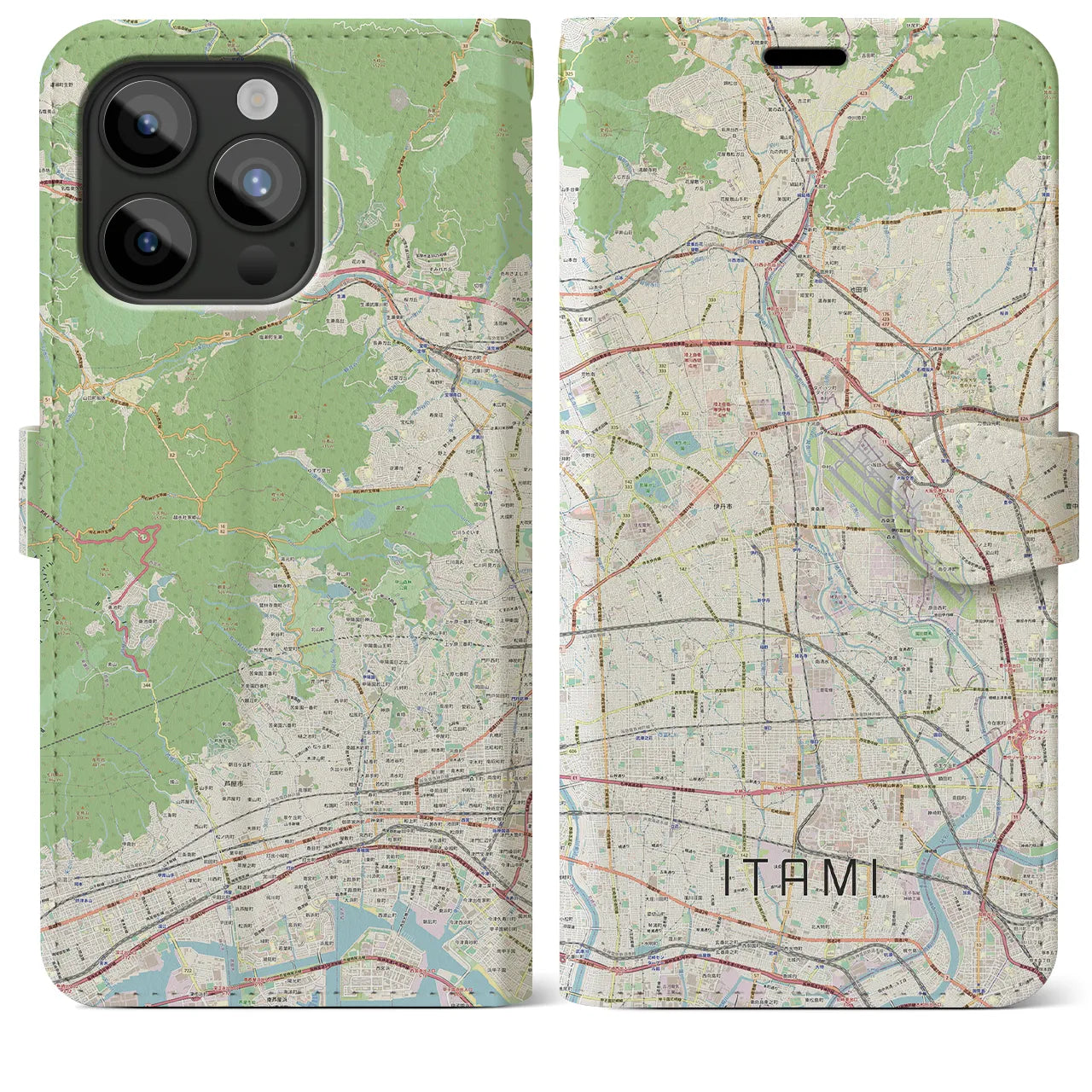 【伊丹（兵庫県）】地図柄iPhoneケース（手帳タイプ）ナチュラル・iPhone 15 Pro Max 用