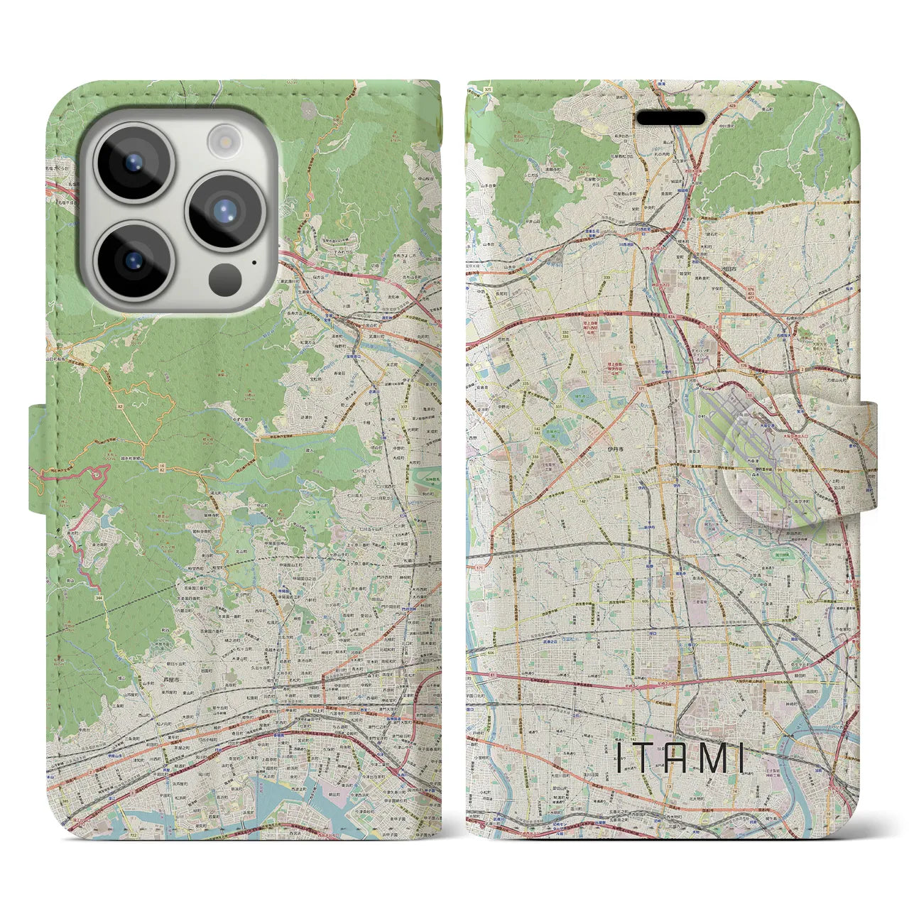 【伊丹（兵庫県）】地図柄iPhoneケース（手帳タイプ）ナチュラル・iPhone 15 Pro 用