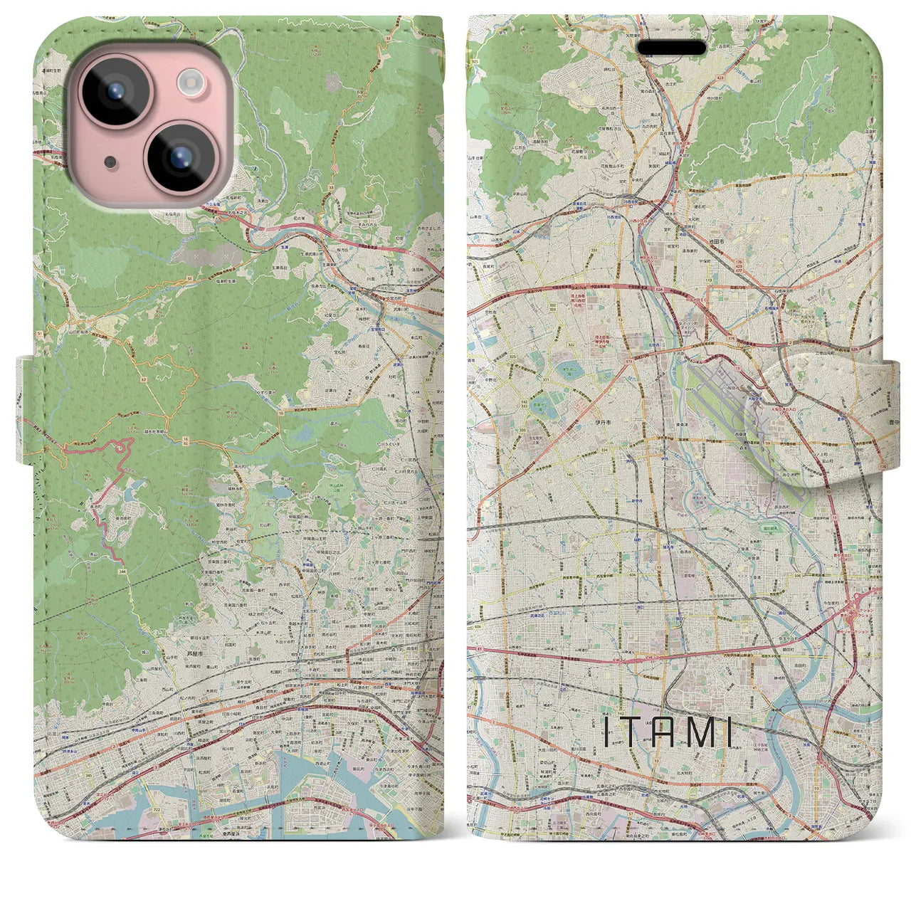 【伊丹（兵庫県）】地図柄iPhoneケース（手帳タイプ）ナチュラル・iPhone 15 Plus 用