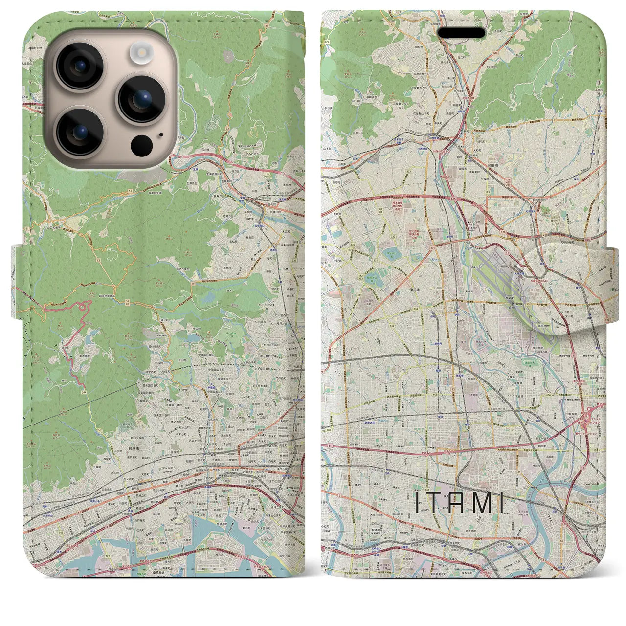 【伊丹（兵庫県）】地図柄iPhoneケース（手帳タイプ）ナチュラル・iPhone 16 Plus 用