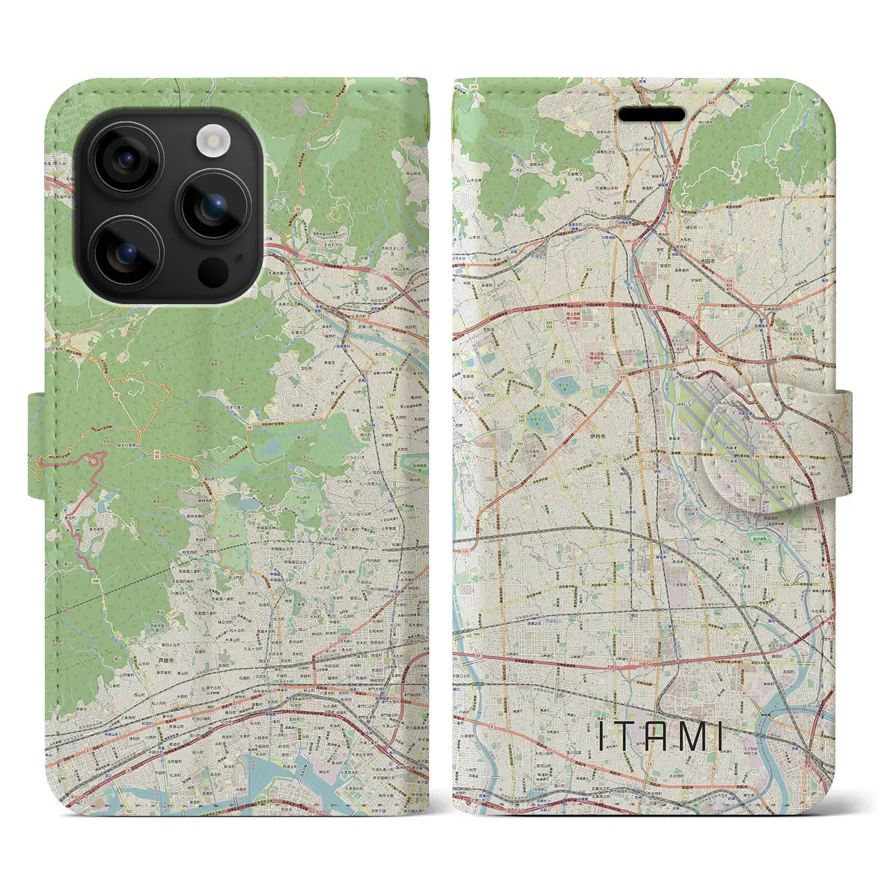 【伊丹（兵庫県）】地図柄iPhoneケース（手帳タイプ）ナチュラル・iPhone 16 用