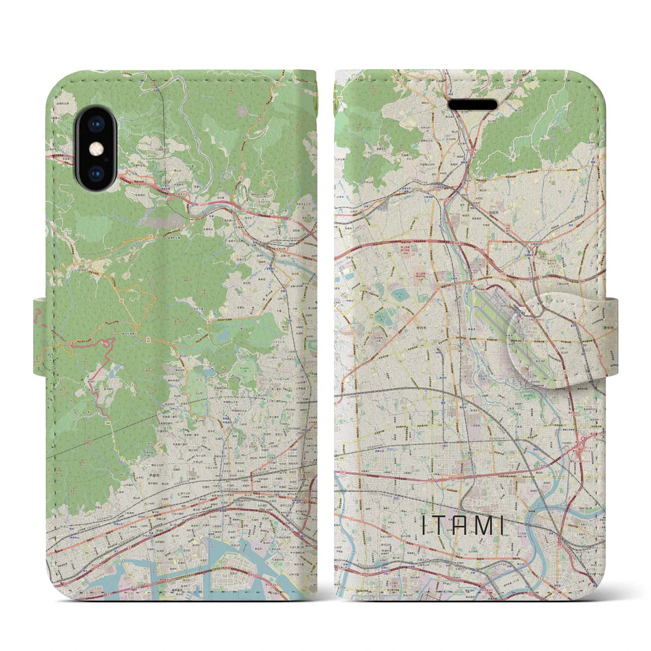 【伊丹（兵庫県）】地図柄iPhoneケース（手帳タイプ）ナチュラル・iPhone XS / X 用