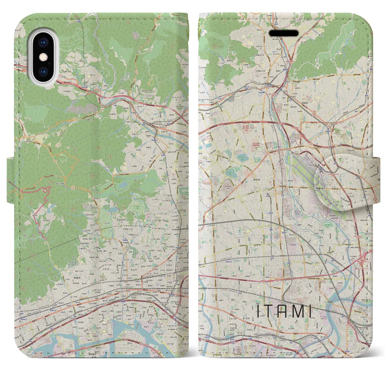 【伊丹（兵庫県）】地図柄iPhoneケース（手帳タイプ）ナチュラル・iPhone XS Max 用