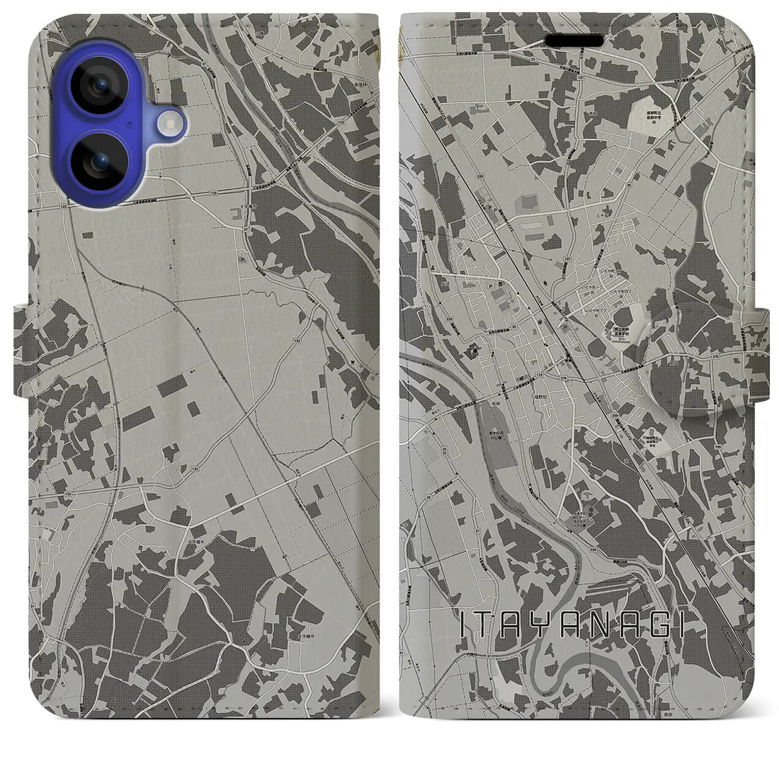 【板柳(青森県)】地図柄iPhoneケース(手帳タイプ)モノトーン・iPhone 16 Pro Max 用